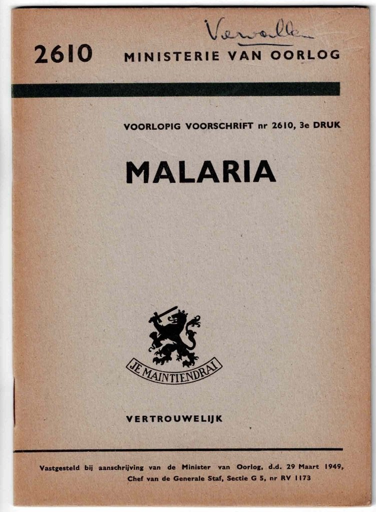 Voorlopig voorschrift Malaria 1949, Ophalen of Verzenden, Landmacht, Nederland, Boek of Tijdschrift