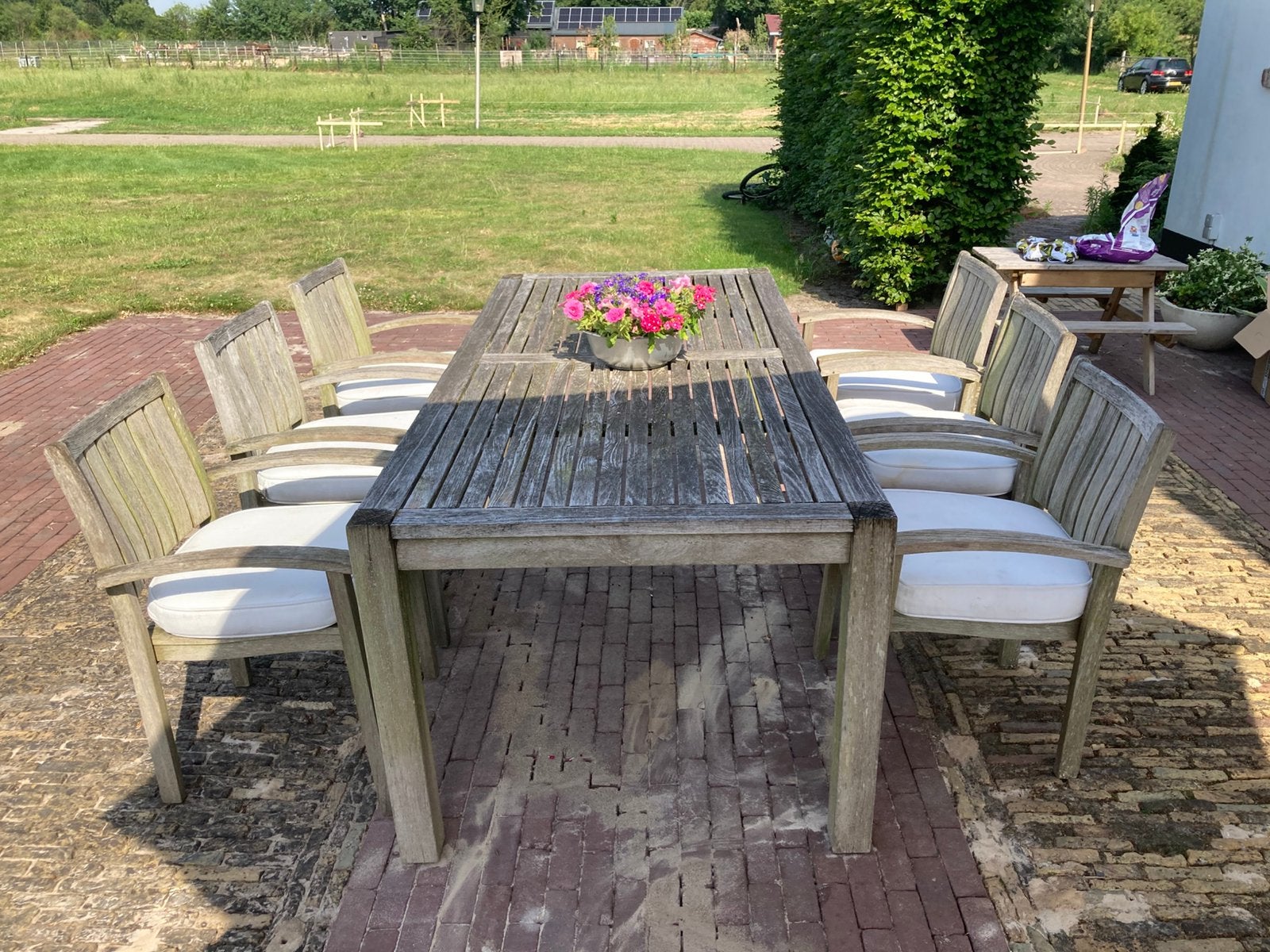 Teak houten tuinset, in nette staat, Tuin en Terras, Tuinsets en Loungesets, Ophalen, Gebruikt, Teakhout, 6 zitplaatsen