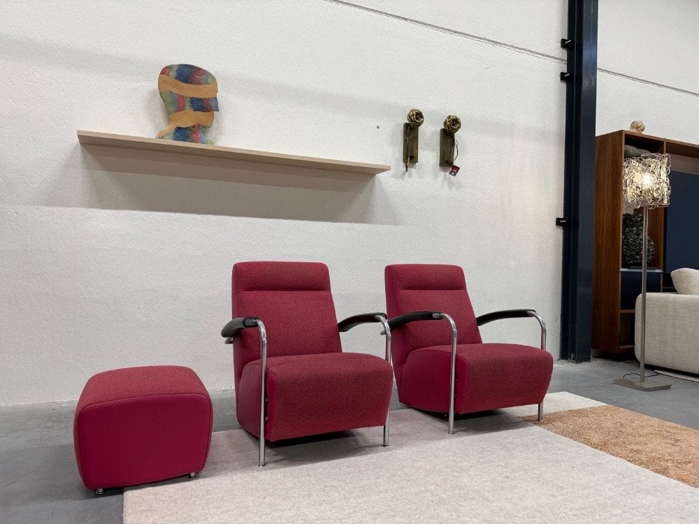 2 Leolux Scylla Fauteuil hoog Roze stof Design stoel Poef, Leolux, Info@leolux.nl, 75 tot 100 cm, Ophalen of Verzenden