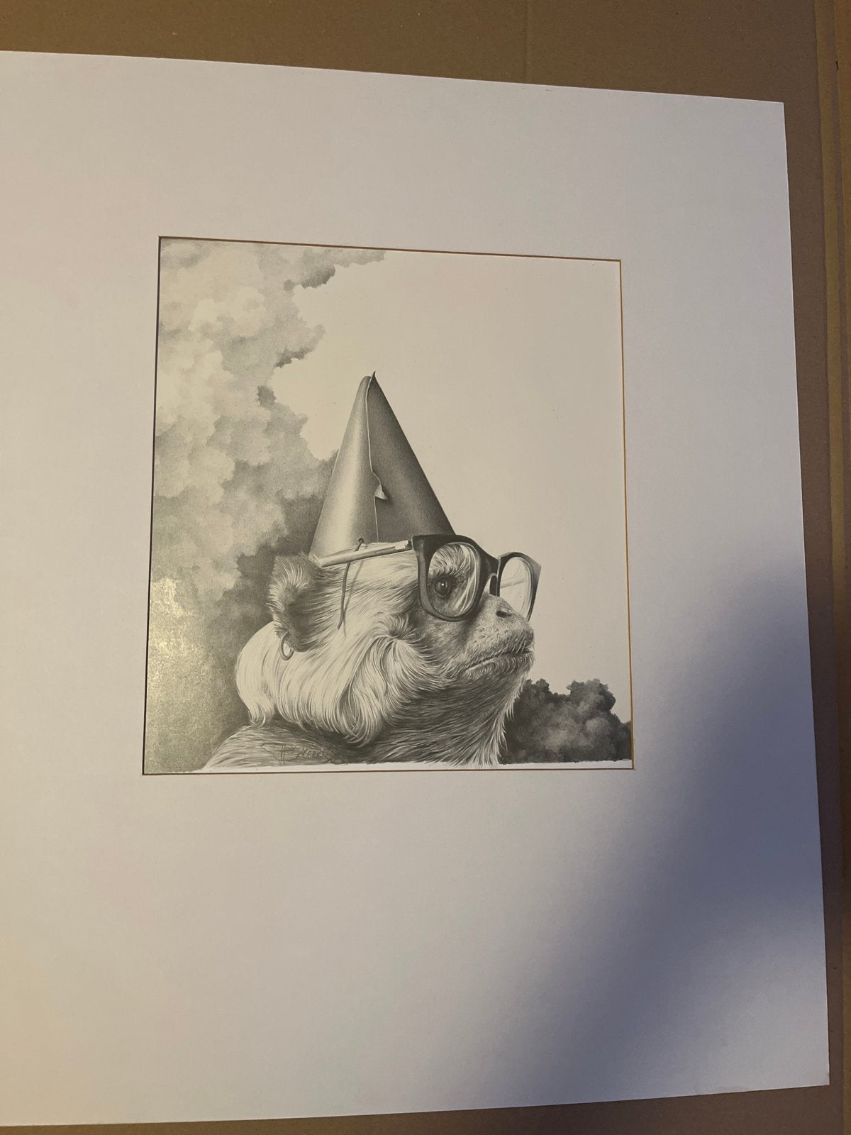 Potloodtekening van Peter Breedijk - Aap met feesthoed, Ophalen of Verzenden, Tekening, Potloodtekening, Met passe-partout