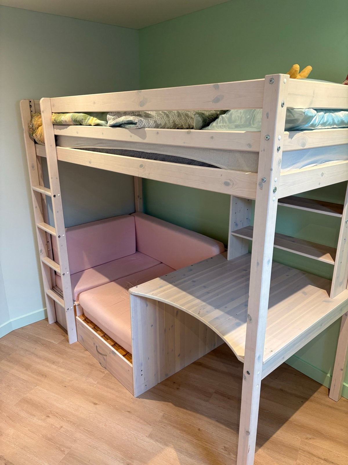 Flexa Hit Hoogslaper (bed) met roze opklapmatras, Ophalen, Gebruikt, 100 cm of meer, Hoogslaper of Stapelbed