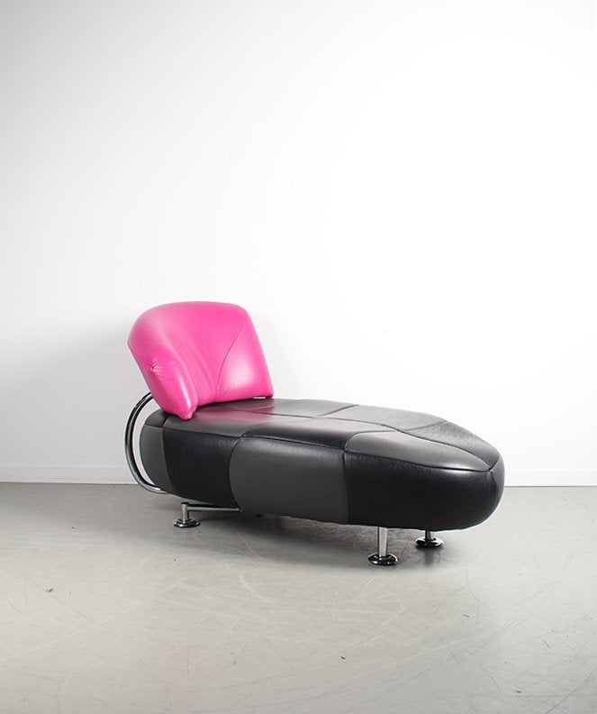 1x Leolux Kikko Chaise Lounge Zwart/Grijs/Roze Leer –Geblokt, Niet ingevuld, Niet ingevuld, Leer, Ophalen of Verzenden