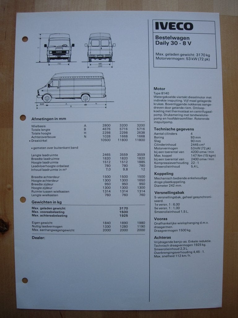 Iveco Daily 30-8 Specificatie folder 1983 BG, Iveco, Ophalen of Verzenden, Zo goed als nieuw, Overige merken