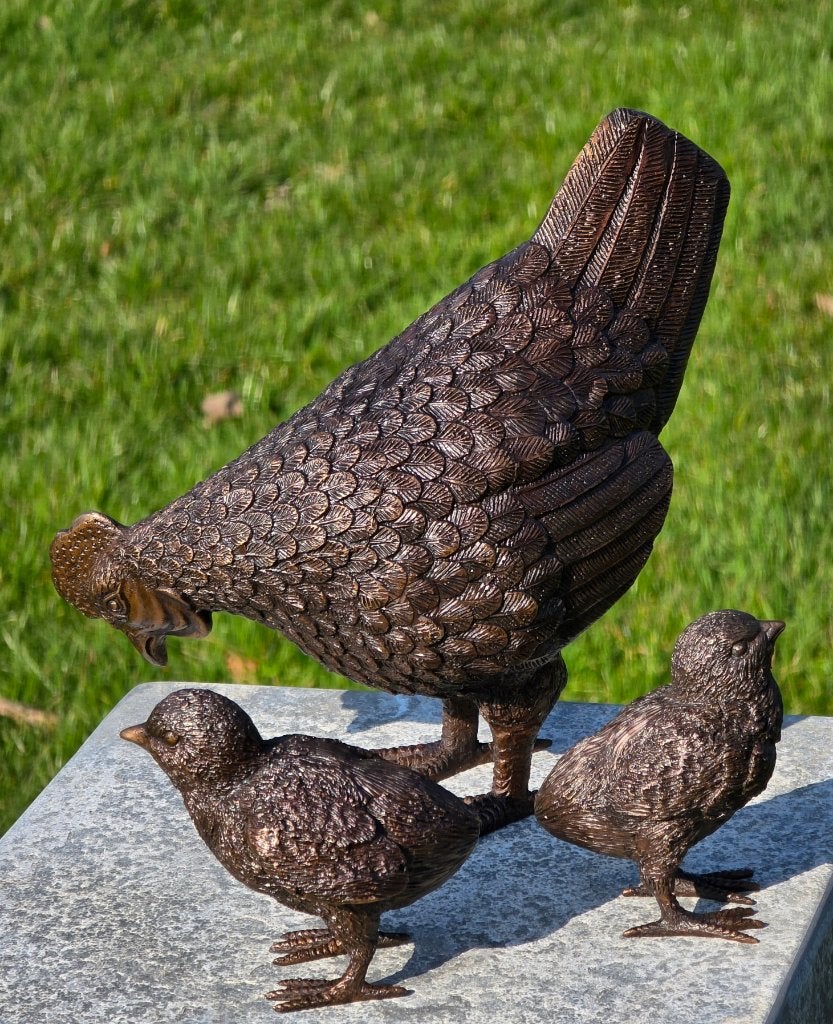 KIP MET KUIKENS / Bronzen tuinbeeld / HEN, Dierenbeeld, Nieuw, Info@huisentuindecoratiemarie.nl, Huis en tuin decoratie marie