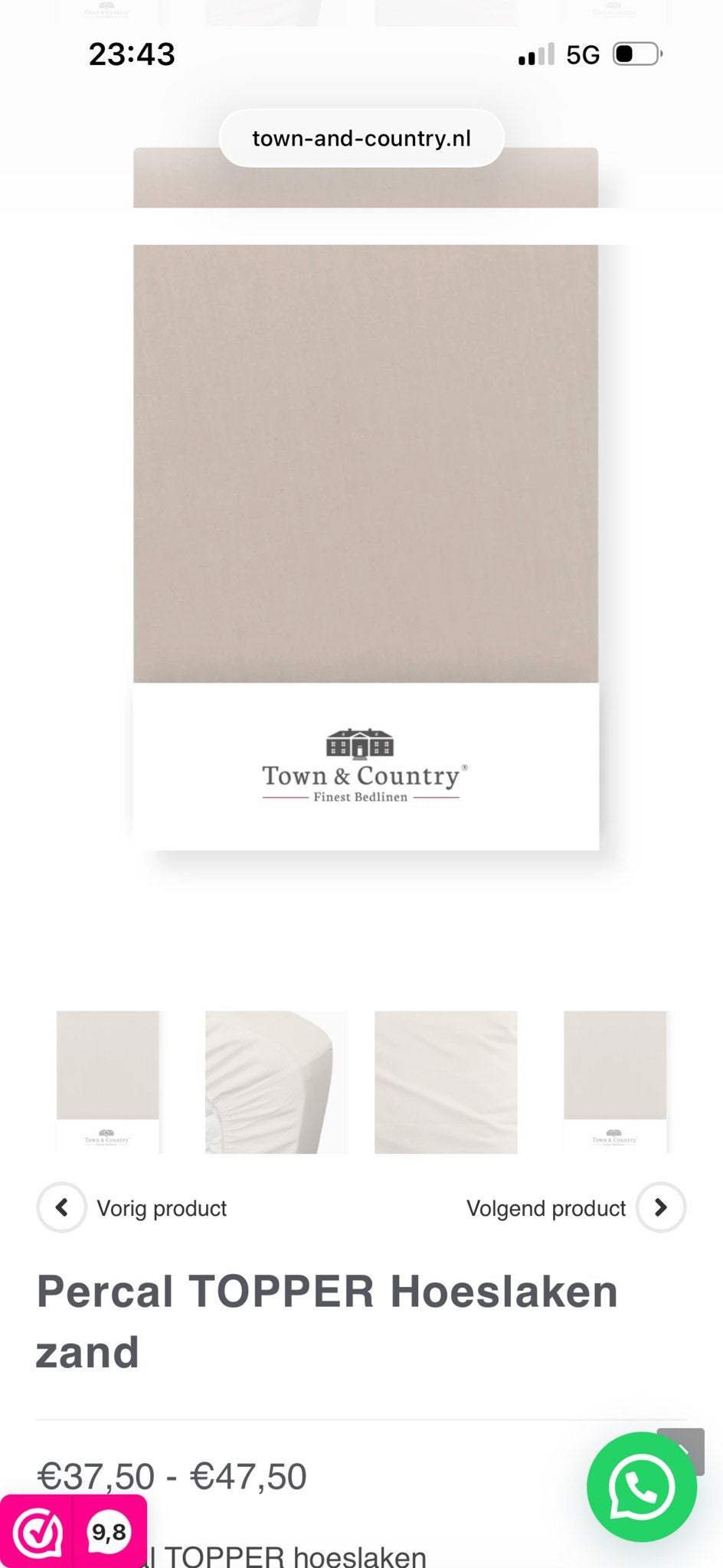 Town & Country percal topper hoeslaken 140x200/210 cm, Katoen, Ophalen of Verzenden, Overige merken, Hoeslaken of Sloop