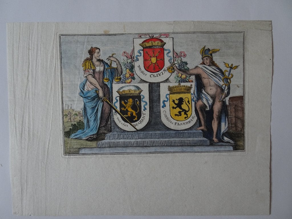 kleur gravure allegorisch Brabant Vlaanderen Bouttats, 1674, Ophalen of Verzenden, Gravure, Handgekleurd