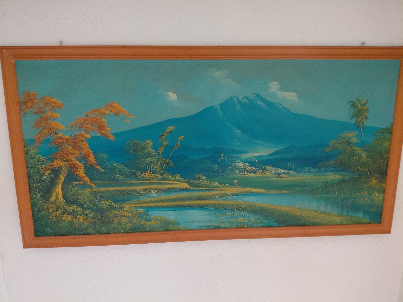 Schilderij met berglandschap, 69,5x138,5 cm, Ophalen, Ingelijst, Doek, Realistisch