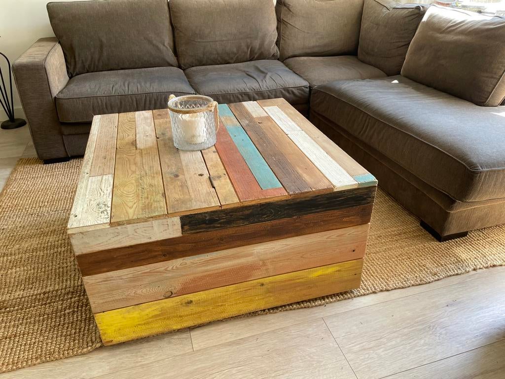 Houten kist / salon tafel met opbergruimte recycled hout, Huis en Inrichting, Tafels | Salontafels, Ophalen, 50 tot 100 cm, Vierkant
