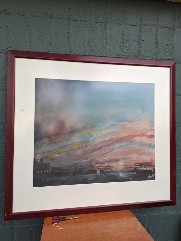 Ingelijste aquarel zonsondergang – Gesigneerd (1992), Antiek en Kunst, Ophalen