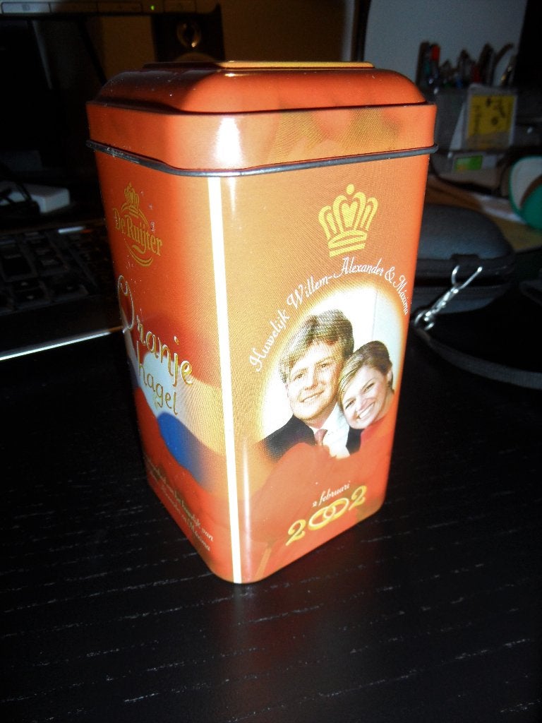 Leeg blik Oranje Hagel, tgv huwelijk Willem-Alexander-Maxima, Verzamelen, Blikken, Ophalen of Verzenden, Gebruikt, Overige
