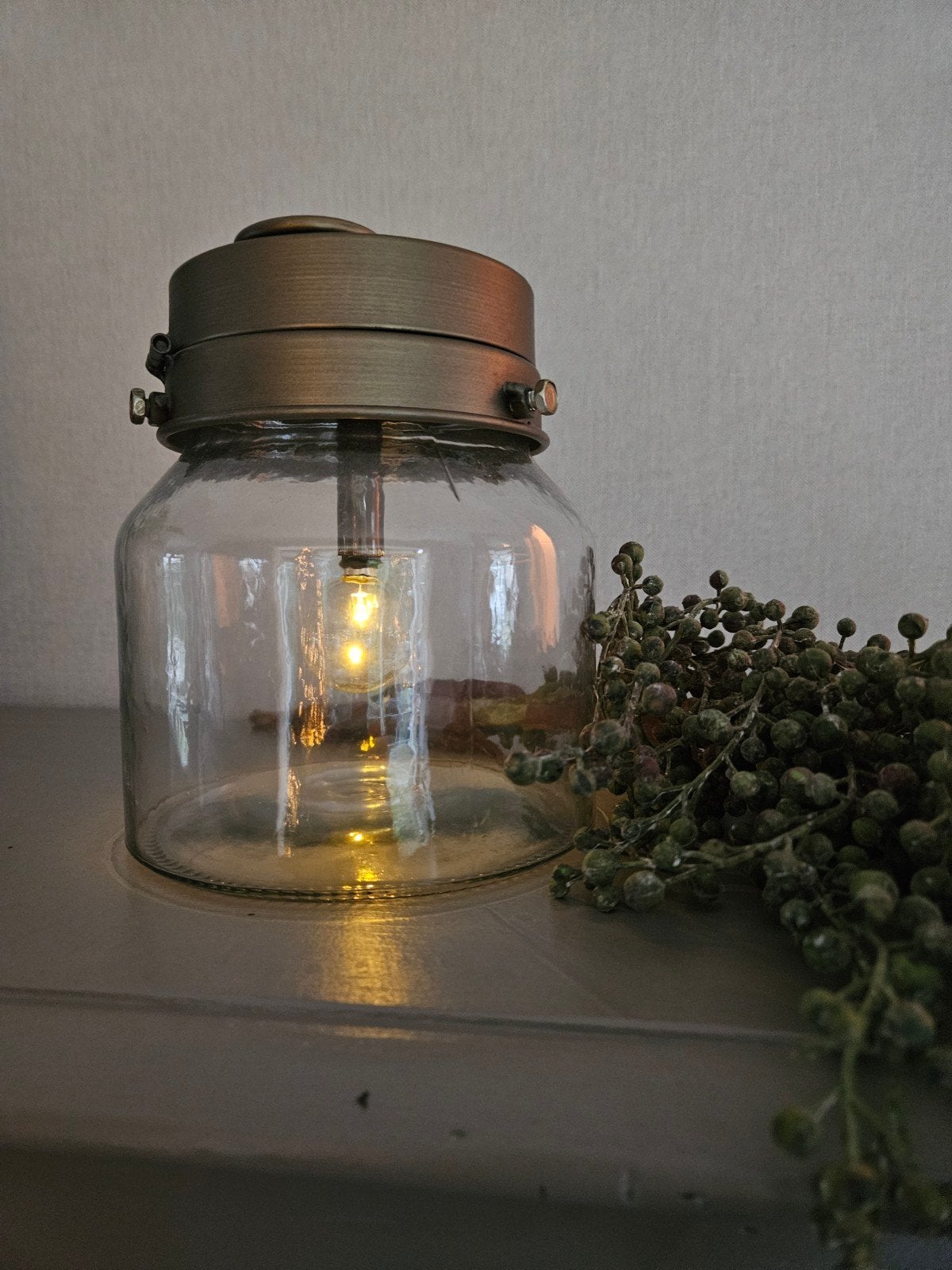 Glazen pot met koperkleurig deksel en verlichting, Overige kleuren, Gebruikt, Glas, Landelijk