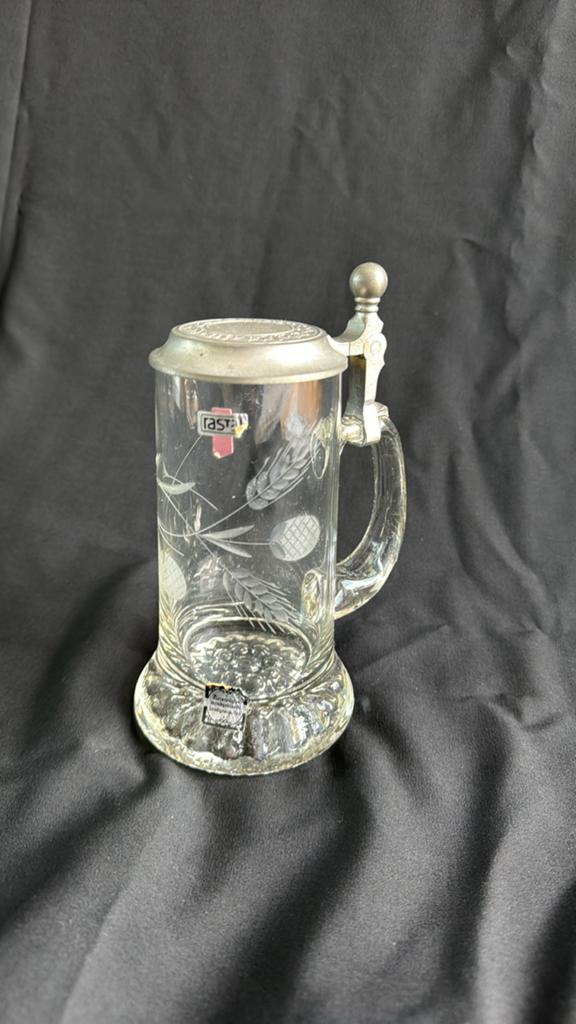 Kristallen Bierpul met Tinnen Deksel en Gravures, Ophalen of Verzenden