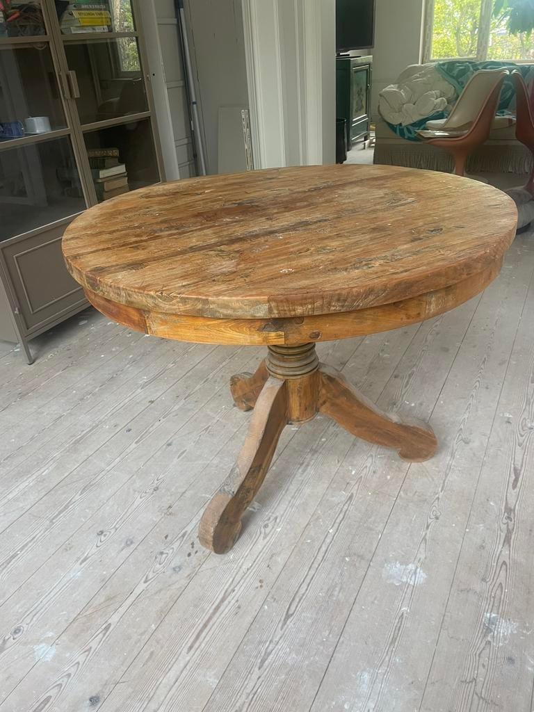 Eettafel rond reclaimed teak model Bali bolpoot, Huis en Inrichting, Tafels | Eettafels, Ophalen of Verzenden, Zo goed als nieuw