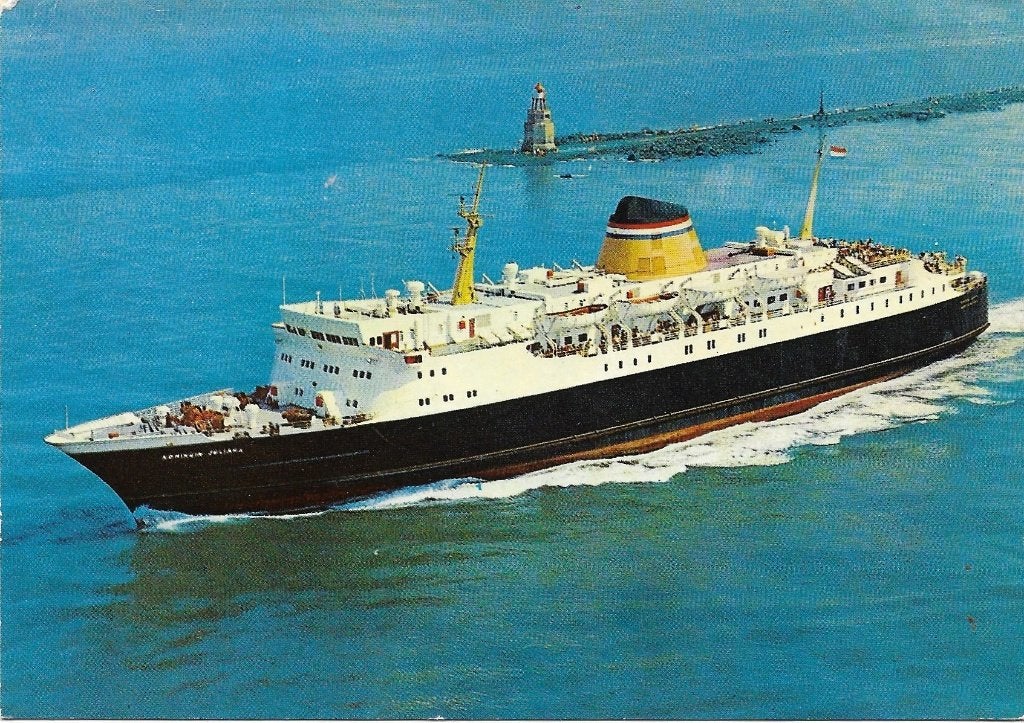 Ansichtkaart  	Hoek van Holland	Harwich	MS Koningin Juliana, Verzenden, 1960 tot 1980, Gelopen, Zuid-Holland