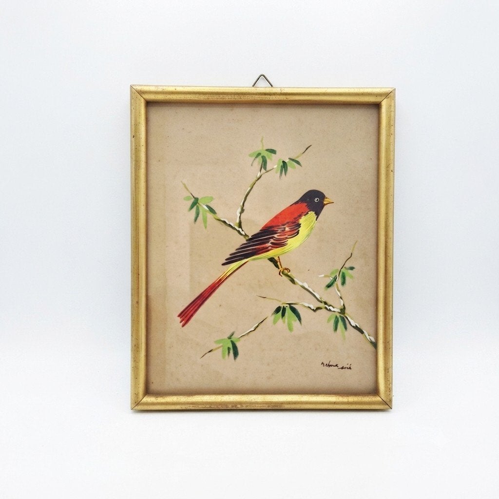 Vintage schilderij met geschilderde vogel achter glas, Acrylverf, Ophalen of Verzenden, Handgeschilderd, Klassiek