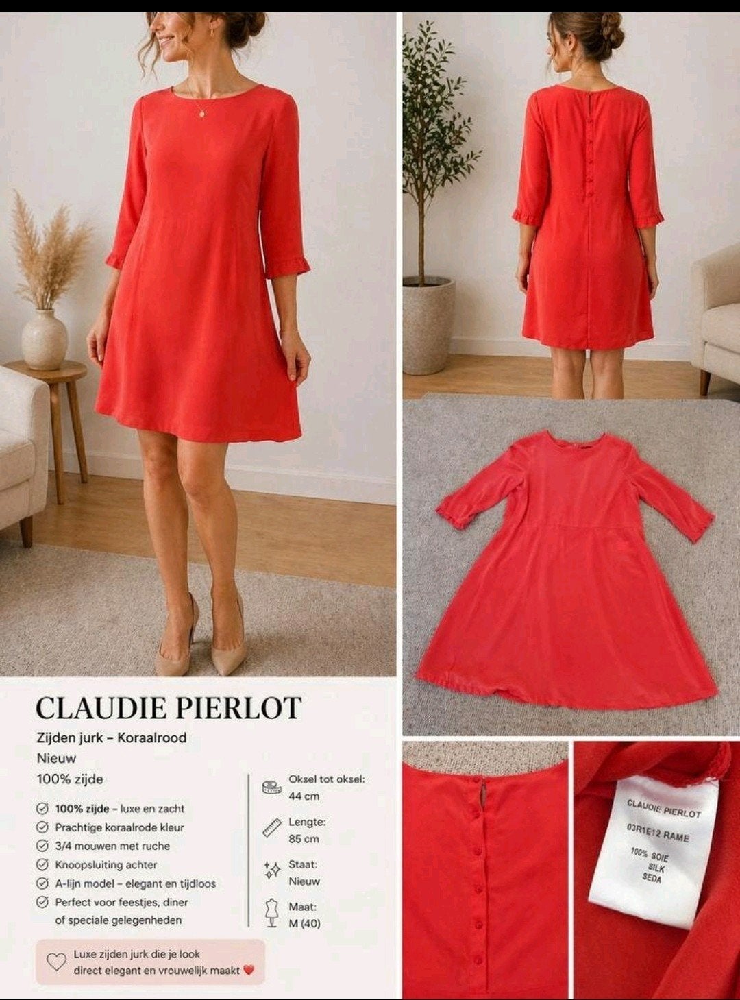 Claudie Pierlot zijden jurk maat M nieuw, Maat 38/40 (M), Claudie Pierlot, Nieuw, Cocktailjurk
