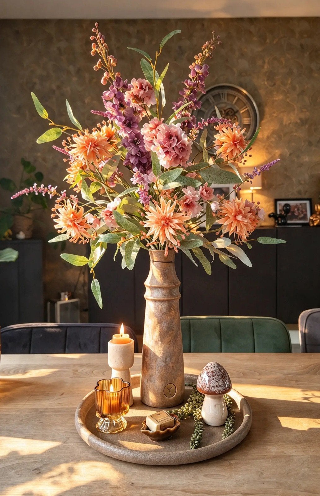 Complete tafelset | herfstdecoratie | zijdeboeket | vaas, Binnen, Bruin, 90 cm, Ophalen of Verzenden