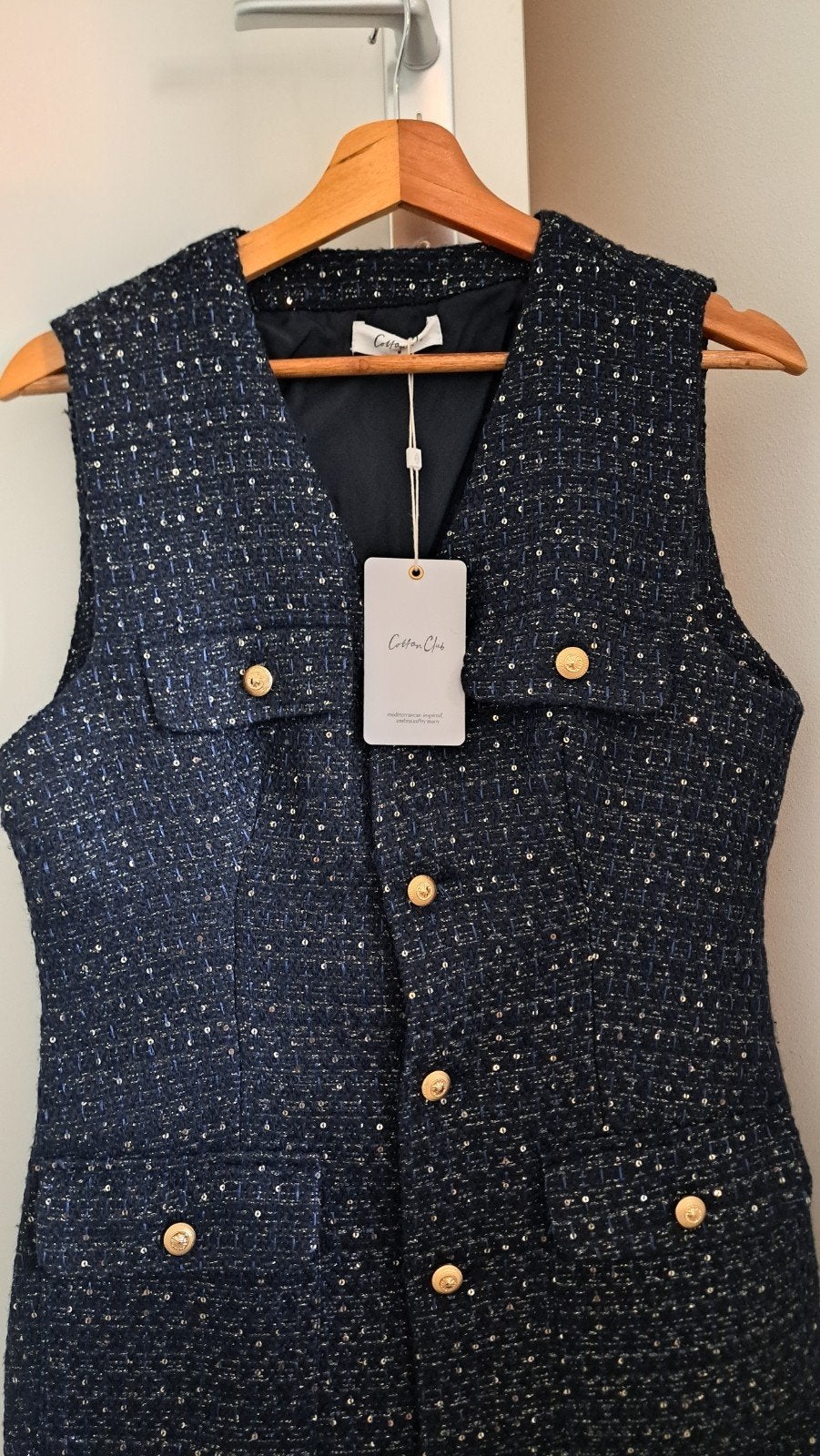 Nieuwe Cotton Club Tweed Jurk met Gouden Knopen, Maat 38/40 (M), Blauw, Nieuw, Ophalen of Verzenden