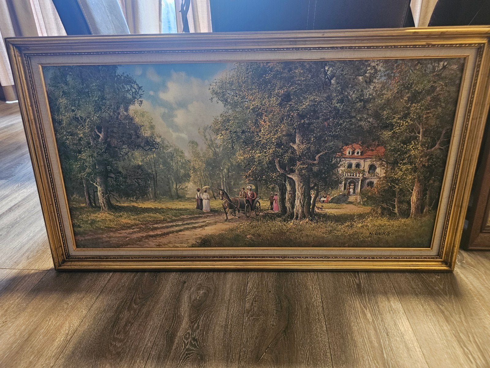 Schilderij N. GERO - Landschap met figuren en koets, Antiek en Kunst, Kunst | Schilderijen | Klassiek, Ophalen of Verzenden