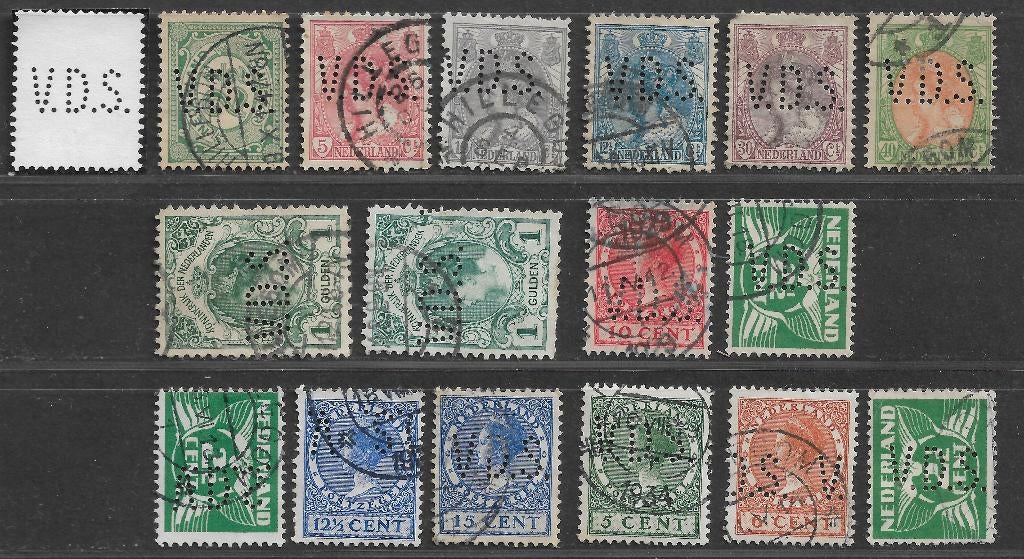 Perfins Nederland  - - -  16  zegels met Perfin  VDS, Verzenden, T/m 1940, Gestempeld