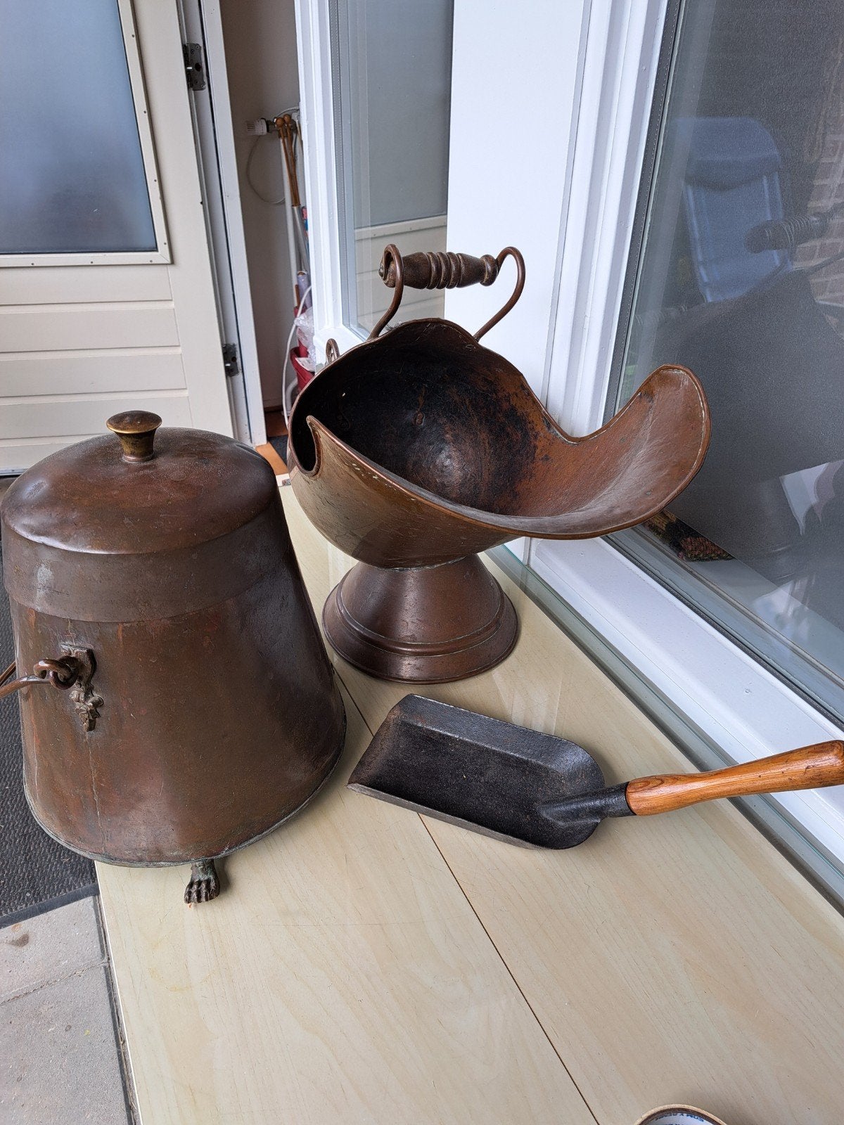 Antieke koperen kolenkit, kolenemmer en schep, Ophalen of Verzenden, Koper