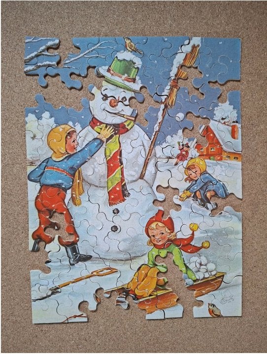 Vintage Puzzel jaren '60 Sneeuwpop Winter incompleet., Ophalen of Verzenden