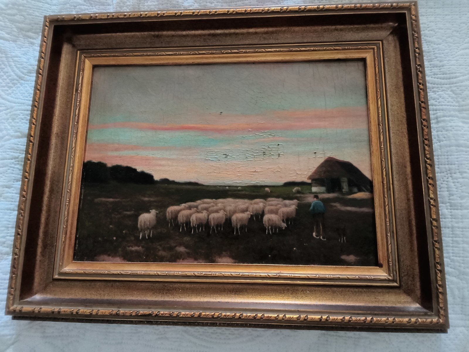 Oud schilderij: Herder met schapen op de heide, 45x35cm, Ophalen of Verzenden