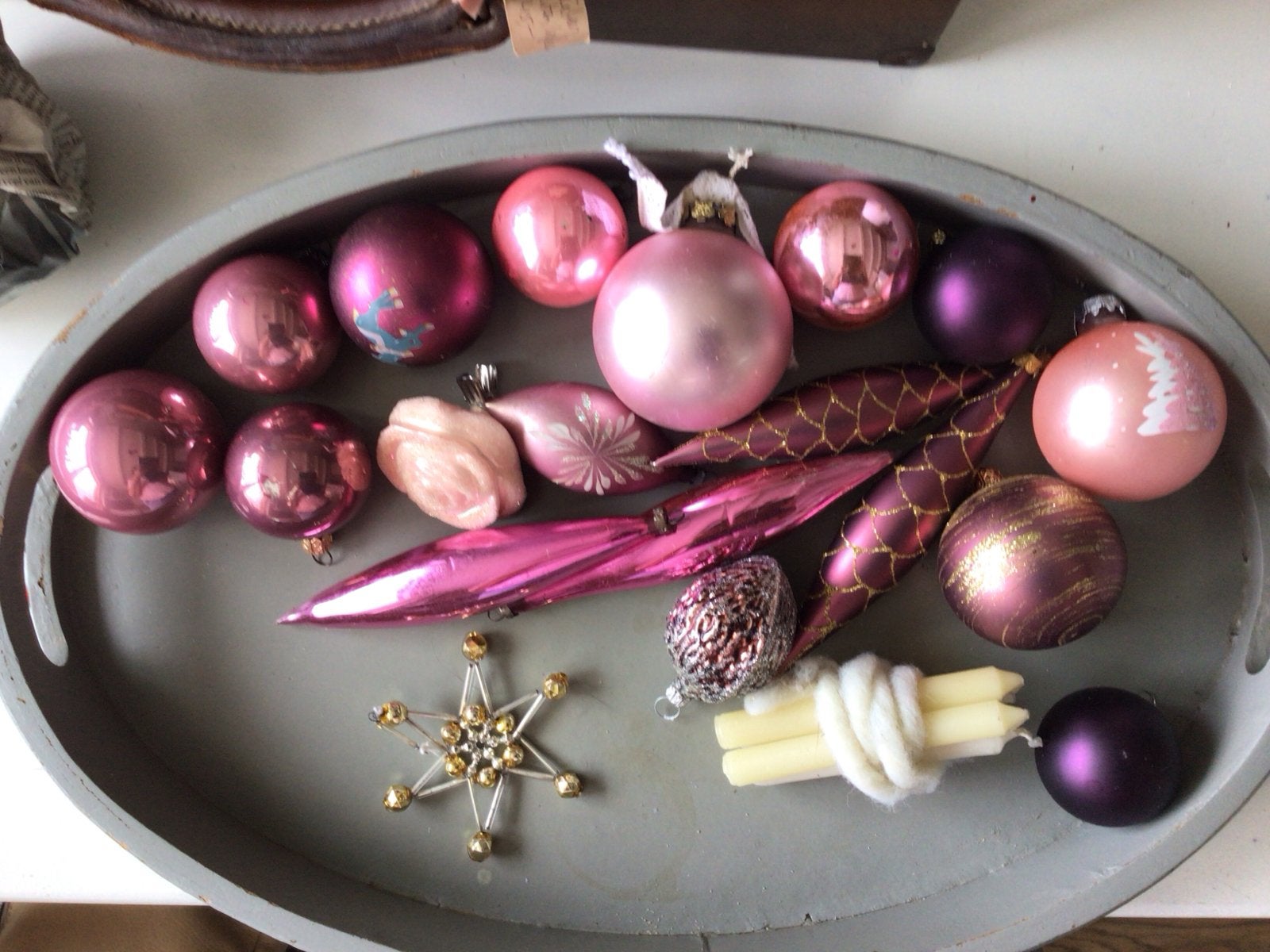 Diverse vintage kerstballen en 4 oude kaarsjes, Diversen, Ophalen of Verzenden, Gebruikt