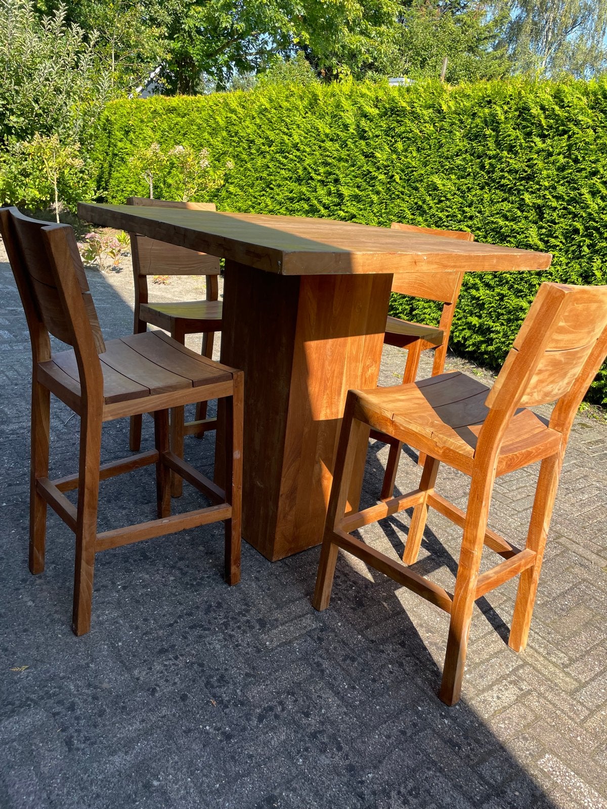 Houten bartafel met 4 barkrukken, Ophalen, Gebruikt, 90 cm of meer, 4 krukken