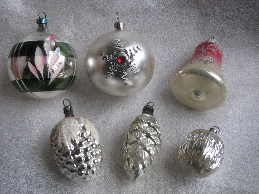 Set van 6 Oude Kerstballen - Druiventros Dennenappel Walnoot, Diversen, Kerst, Verzenden, Gebruikt