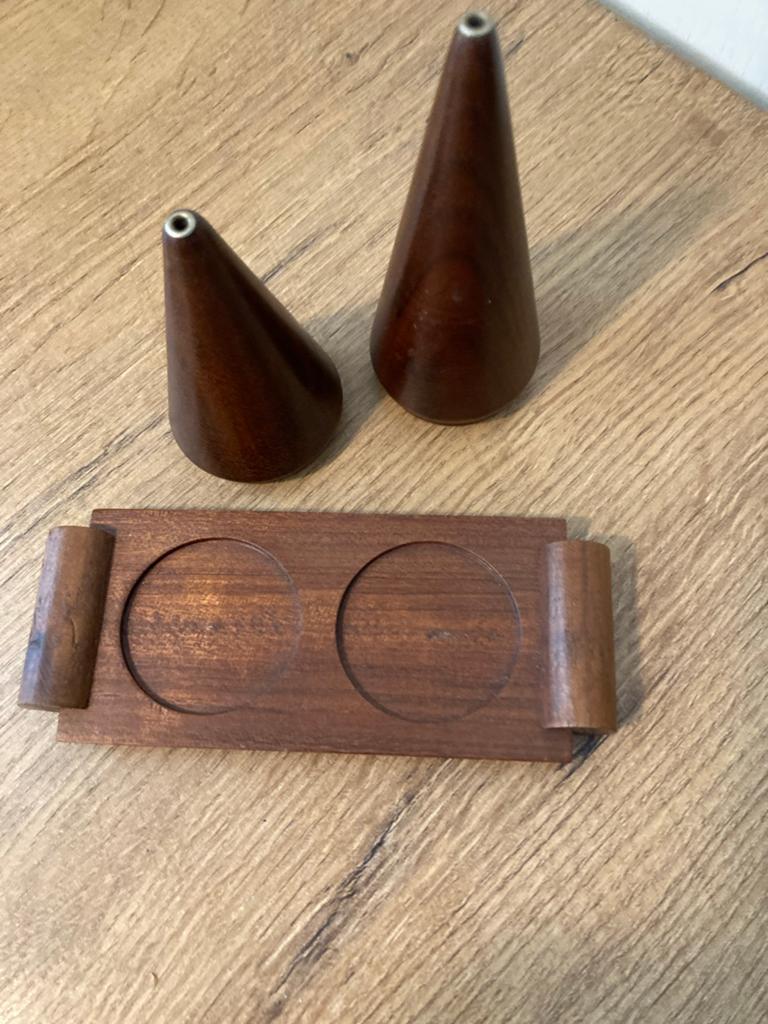 Vintage art deco houten zout- en peperstel op dienblad, Antiek en Kunst, Ophalen of Verzenden