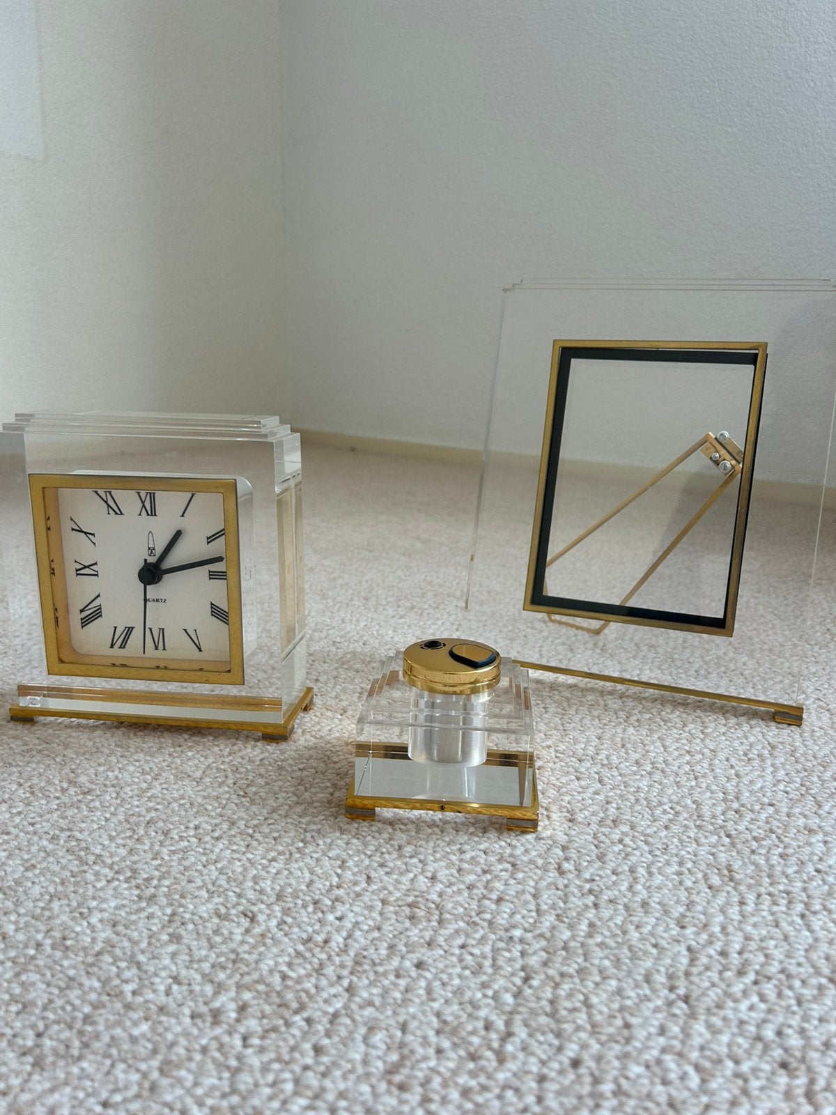 goudkleurige klok lijstje tafeltje spiegel lamp, Ophalen, Goud, Gebruikt, Vintage