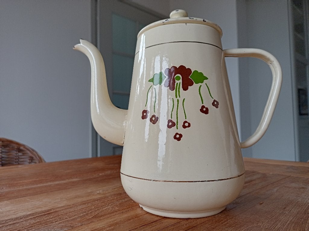 Brocante emaille koffiepot/bloemen, Antiek en Kunst, Antiek | Emaille, Ophalen of Verzenden