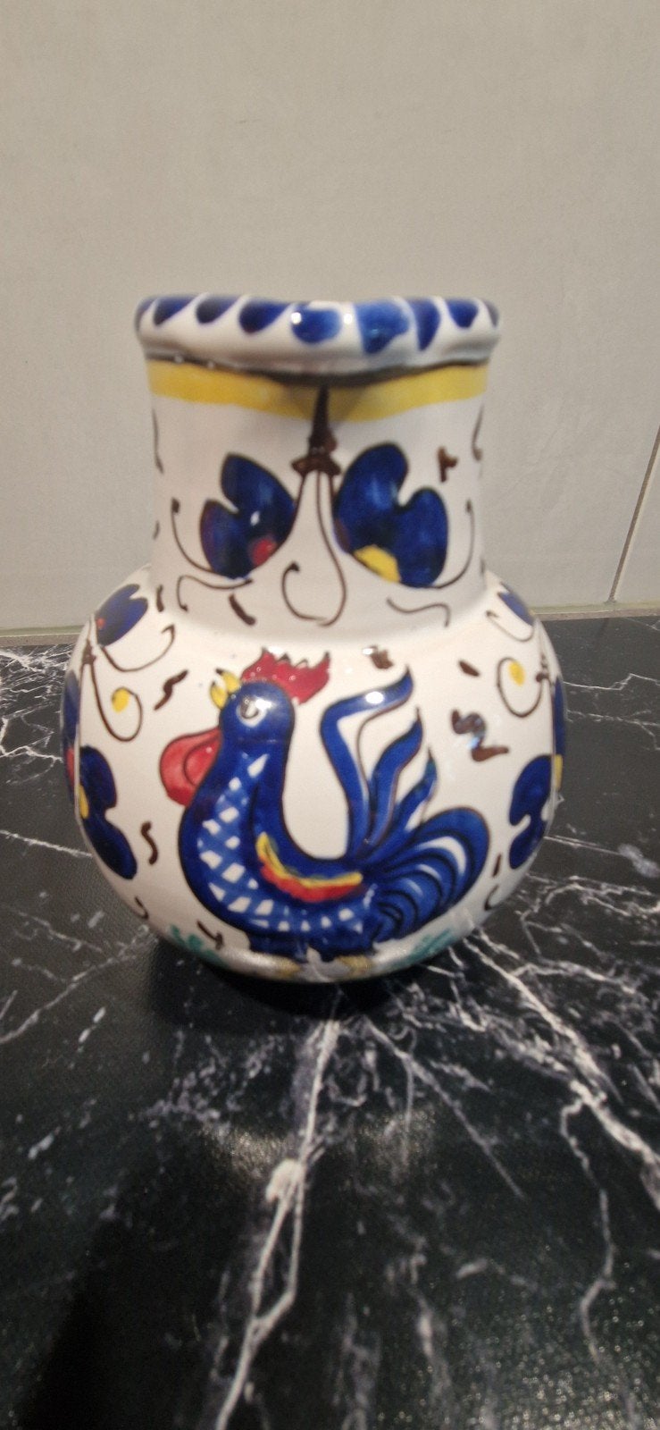 Vintage Deruta Keramiek Kruik met Blauwe Haan en Bloemen, Ophalen of Verzenden