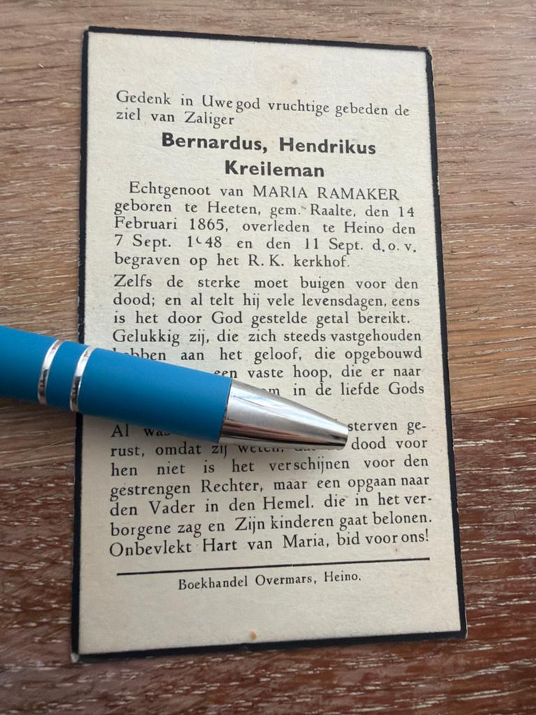 Kreilerman Bernardus 1865 Heeten 1948 Heino x Ramaker -, Ophalen of Verzenden, Bidprentje