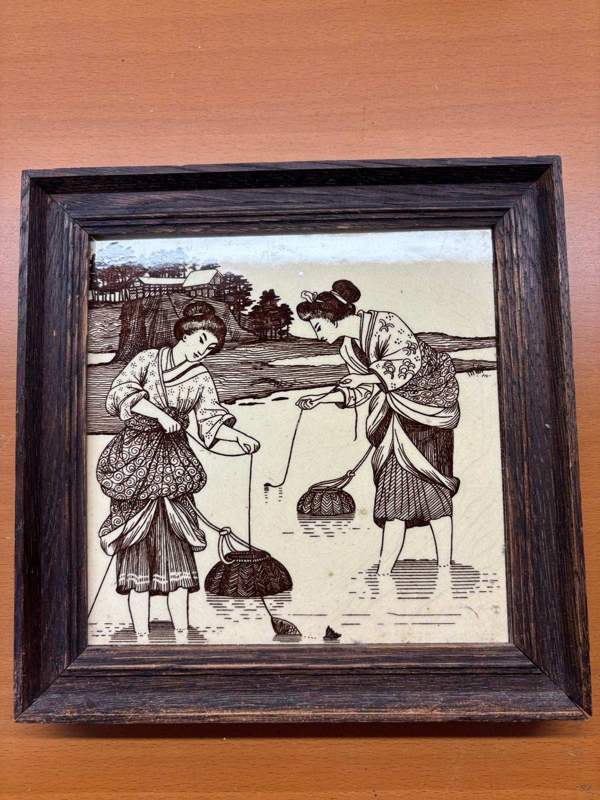 Vintage Japanse print in houten lijst, Huis en Inrichting, Minder dan 50 cm, Gebruikt, Ophalen of Verzenden, Print