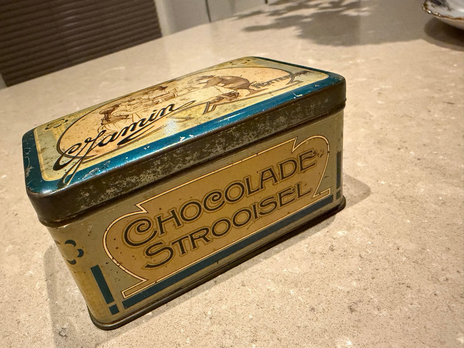 Jamin blik chocolade strooisel antiek 1930, Verzamelen, Ophalen of Verzenden