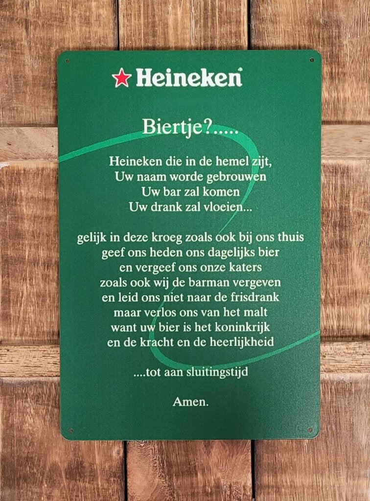 Heineken gebed biertje reclamebord van metaal wandbord deco, Verzamelen, Ophalen of Verzenden, Nieuw, Reclamebord, Plaat of Schild