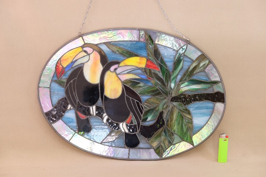 raamdecoratie glas in lood  met Toekans, 36 cm, Gebruikt, Decoratieobject, Ophalen of Verzenden