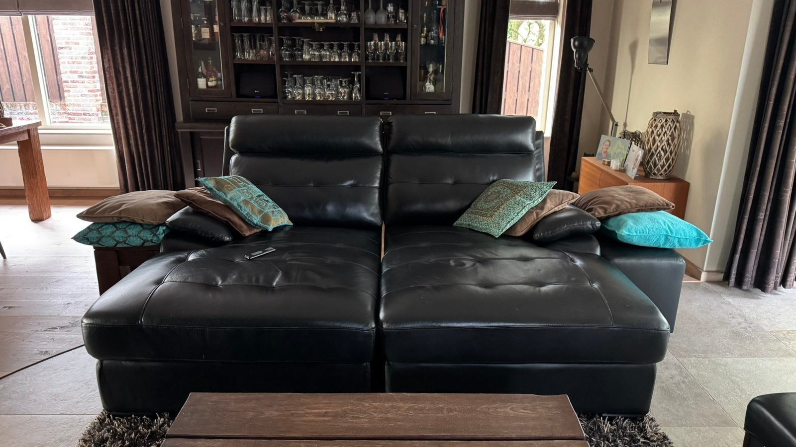 Dubbele Lederen loungebank met Relaxfunctie., Loungebank, Tweepersoons, Leer, Ophalen of Verzenden
