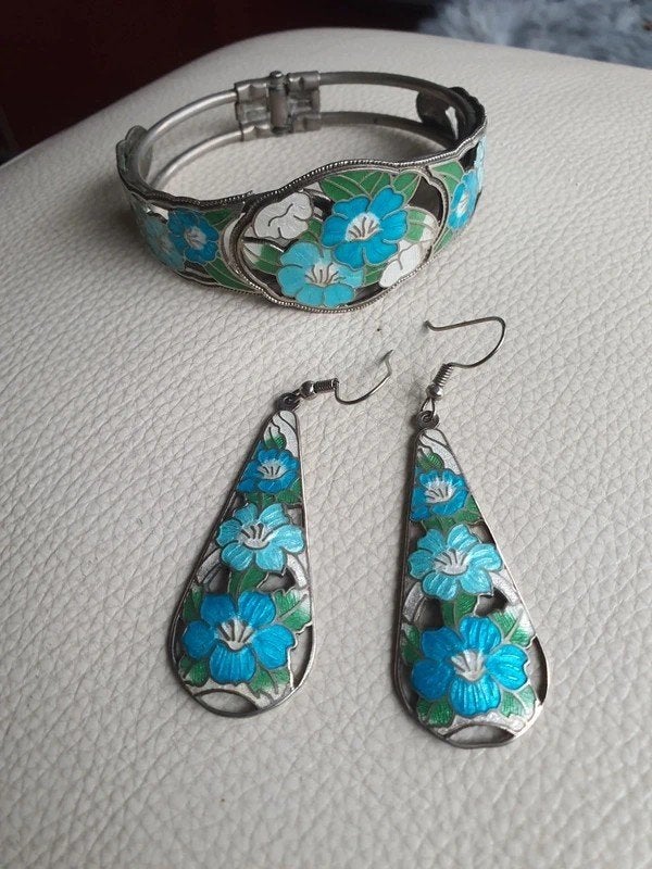 Vintage Sieradenset Cloisonné Bloemen Armband Oorbellen, Sieraden, Tassen en Uiterlijk, Ophalen of Verzenden, Zilver, Overige materialen