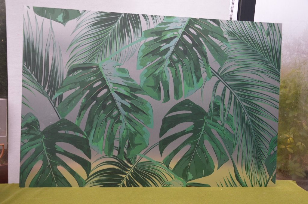 wanddecoratie Tropical Palm Leaves: MondiArt Alu brush 120cm, 80 cm, Ophalen of Verzenden, Zo goed als nieuw, Wandbord of Wandpaneel
