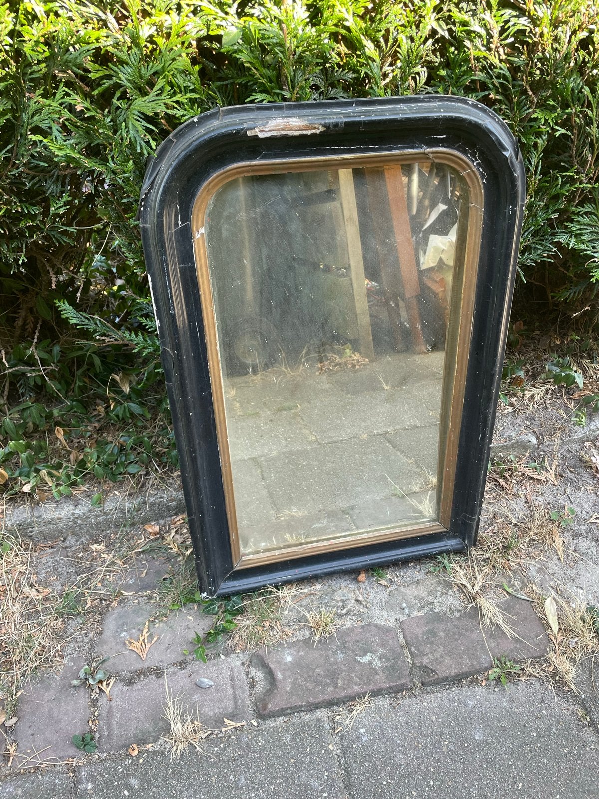 Antieke spiegel met zwarte lijst € 7,50, Antiek en Kunst, Ophalen, Rechthoekig, Minder dan 50 cm, 100 tot 150 cm