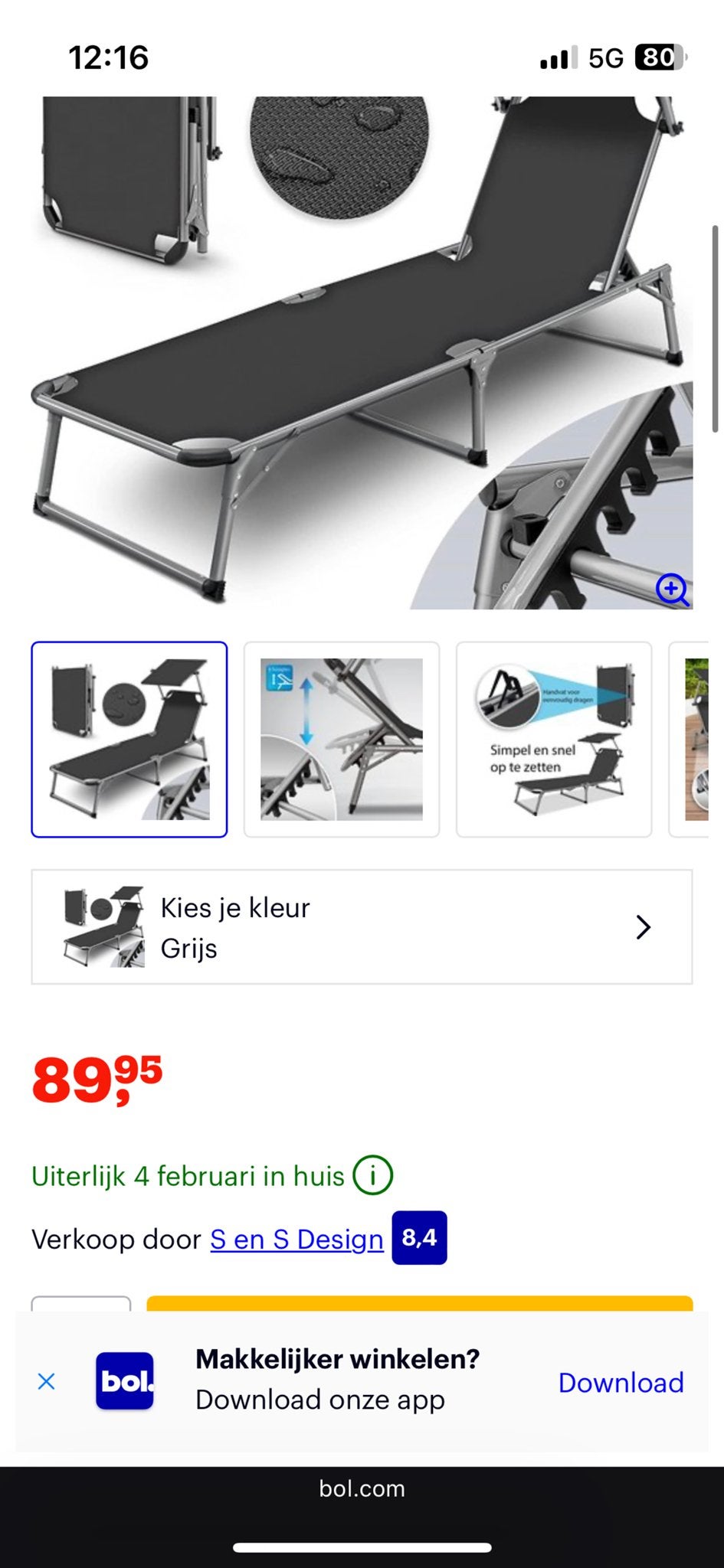Sens Design Ligbed Zonnebed Inklapbaar met Zonneklep Grijs, Tuin en Terras, Ligbedden, Ophalen, Nieuw, Aluminium, Inklapbaar
