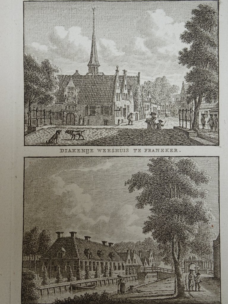 gravure diakonie weeshuis en armenhuis Franeker Bendorp 1793, Antiek en Kunst, Verzenden, Stadsgezicht, Gravure, 1700 - 1799