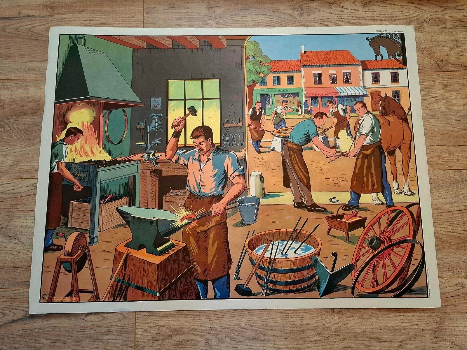 Vintage schoolplaat:  hoefsmid - timmerman (dubbelzijdig), Ophalen, Huis en Tuin