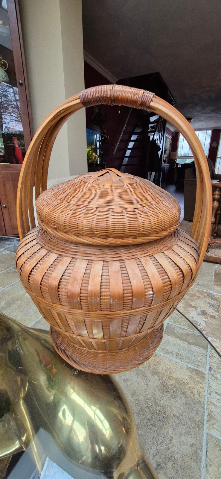 Vintage rotan bamboe mand met deksel - Handgemaakt, Ophalen of Verzenden