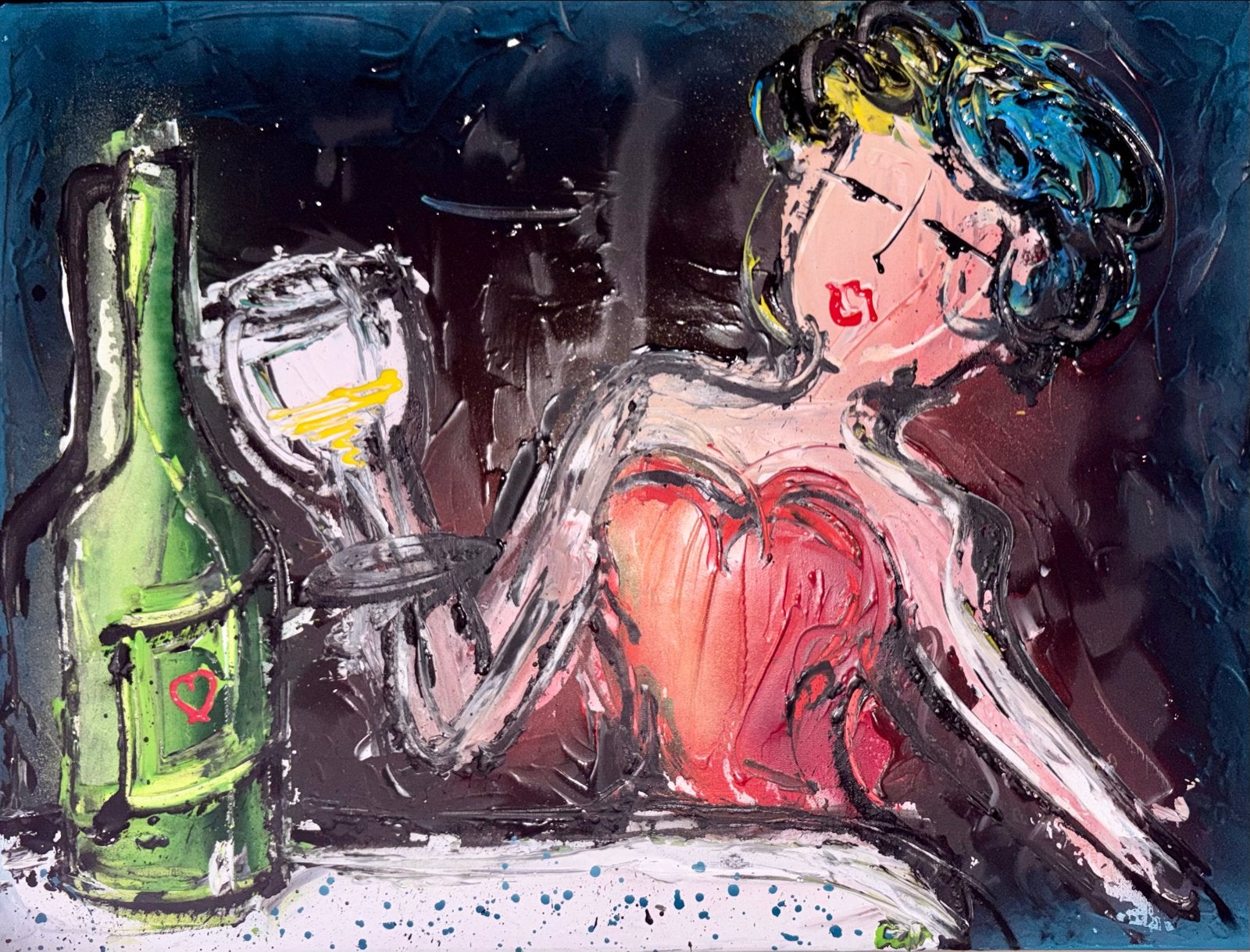Schilderij Vrouw met wijnfles en glas Geoffrey Wine  stijl, Doek, Portret of Personen, Expressionistisch, Ophalen of Verzenden