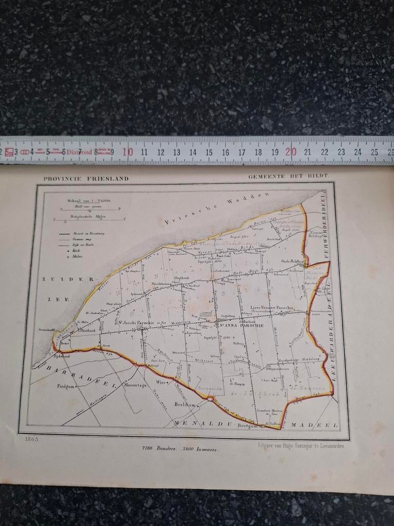 Friesland Het Bildt 1865, Boeken, Atlassen en Landkaarten, Gelezen, Landkaart, Nederland, 1800 tot 2000, Ophalen of Verzenden