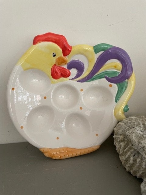 Gekleurde eierschaal van aardewerk. Kip / haan. 6 eieren., Diversen, Ophalen, Zo goed als nieuw